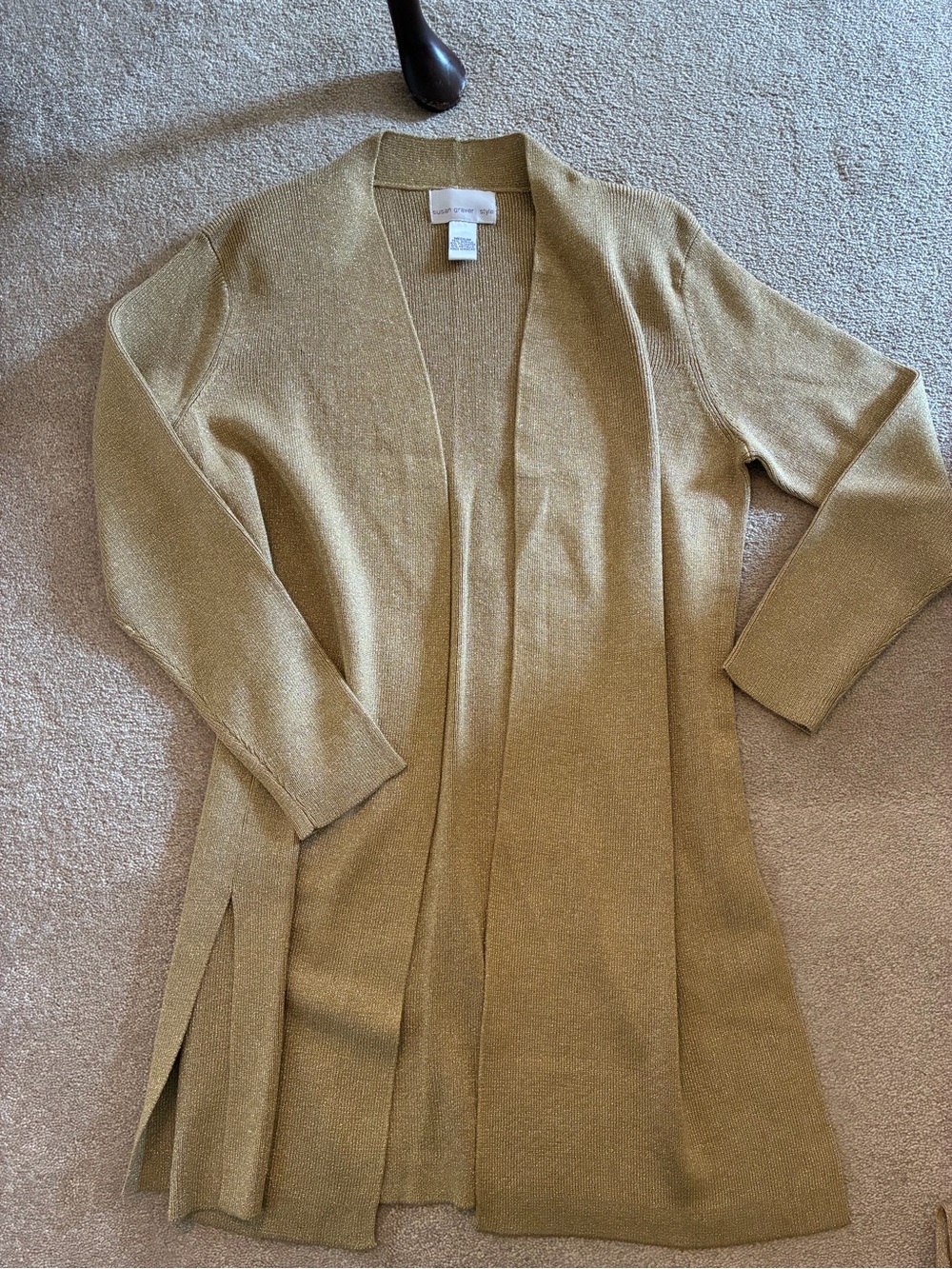 Susan Graver Metallic Gold Open-Front Long Cardigan